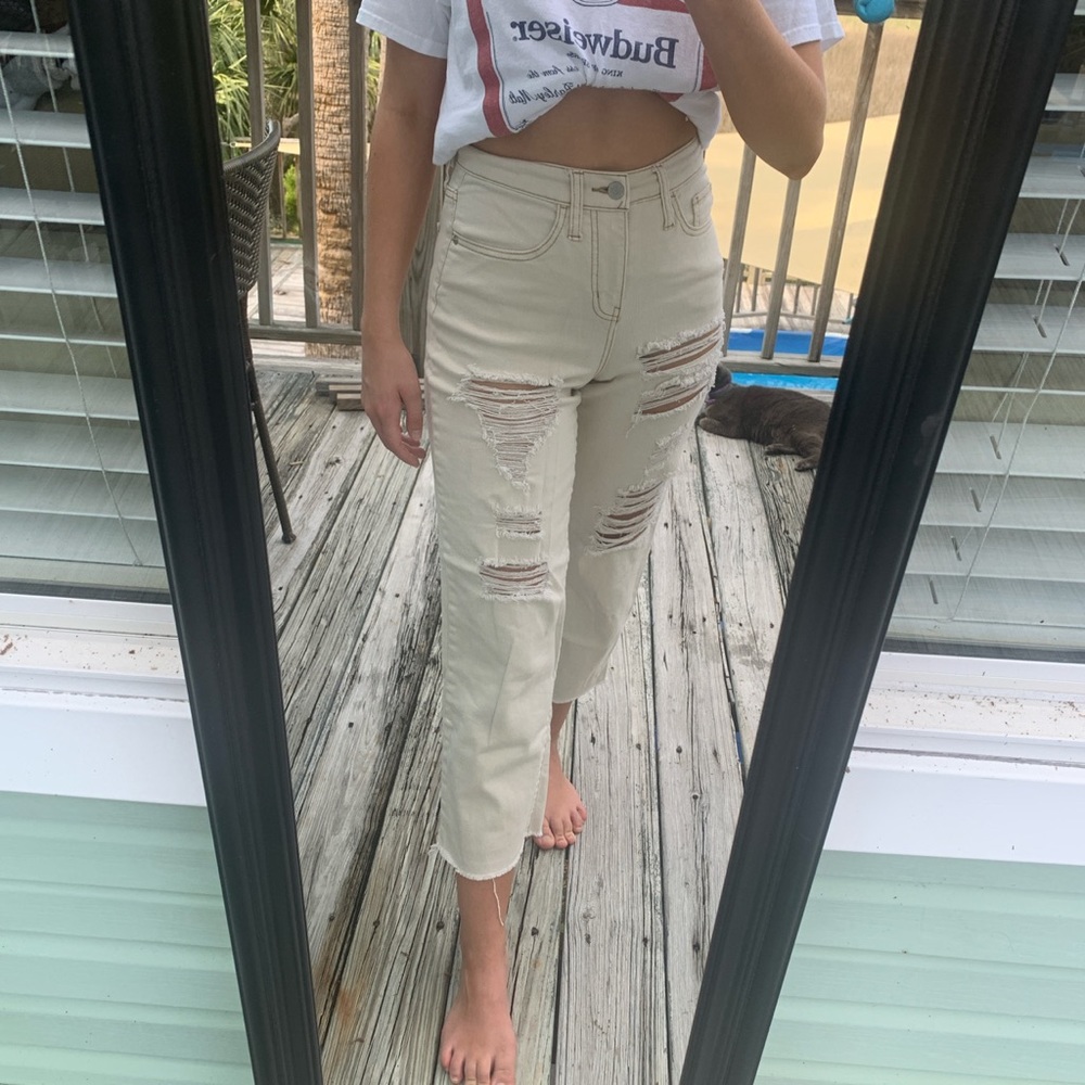 Destroyed Cream Crop Flare Jeans